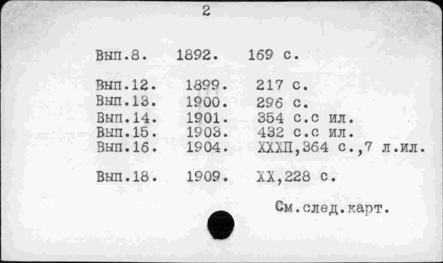 ﻿2
Вып.8.	1892.	169 с.
Вып.12.	1899.	217 С.
Вып.13.	1900.	296 с.
Вып.14.	1901.	354 с.с ил.
Вып.15.	1903.	432 с.с ил.
Вып.16.	1904.	ХХХП,364 с.,7 л.ил.
Вып.18.	1909.	XX,228 с.
См.след.карт